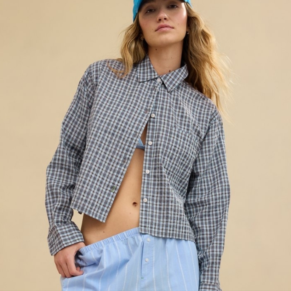 Aerie - Like New Searsucker Blue Plaid Pajama Shirt - M